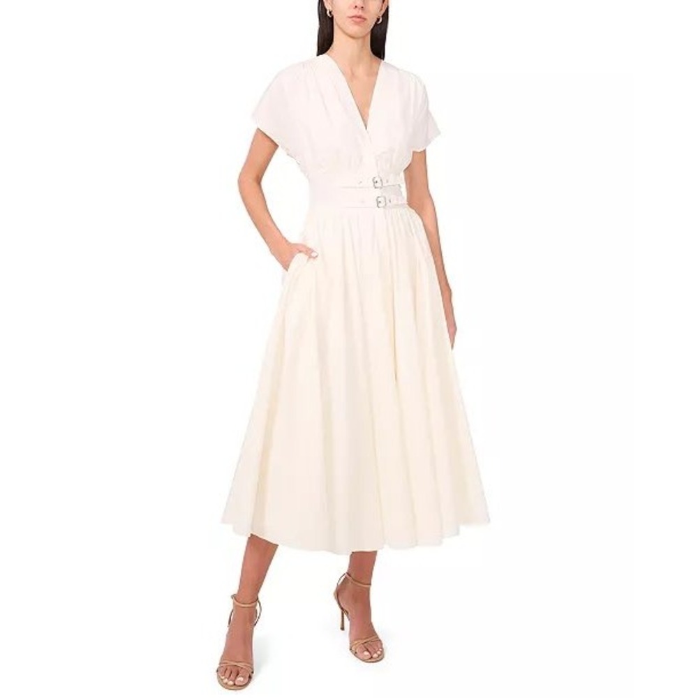 Parker White Cotton V-Neck Midi Dress Double Buckle Waist Smocked Back XL